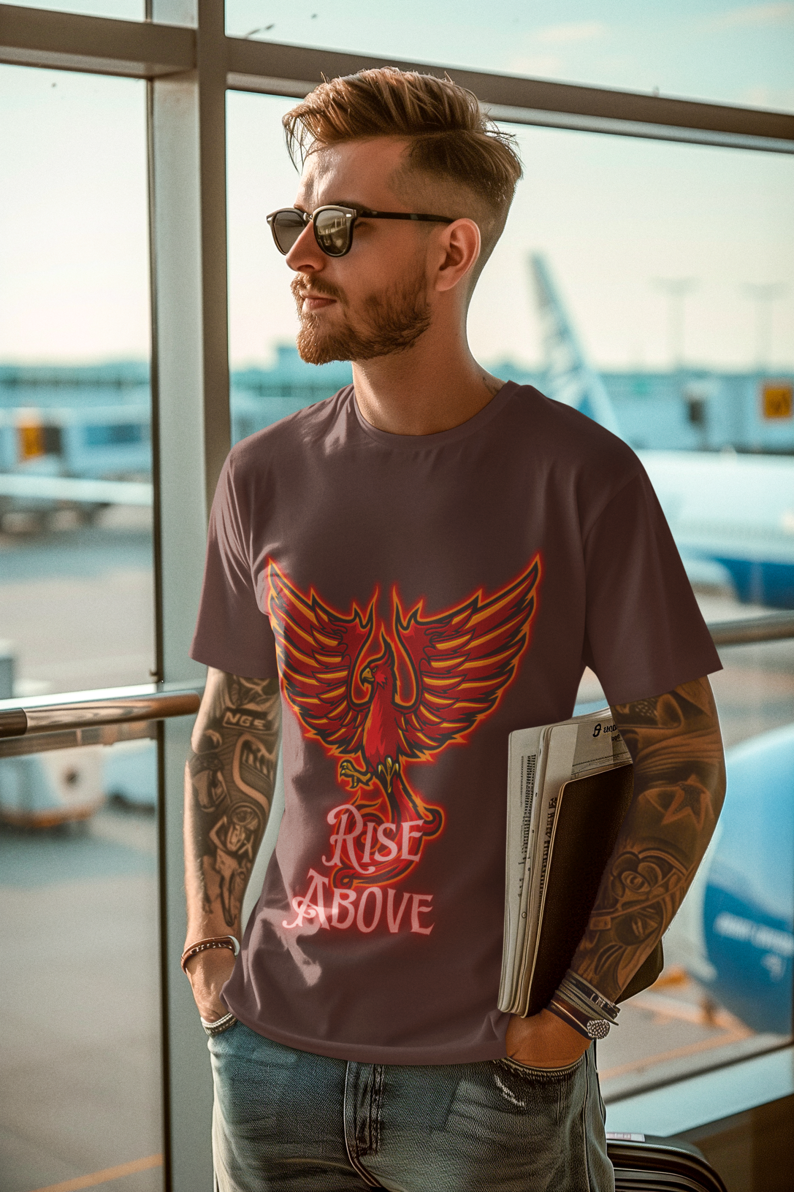 Coffee Brown Rise Above T-Shirt in size XXL with a powerful Phoenix design, perfect for making a motivational statement, by PodLyft.