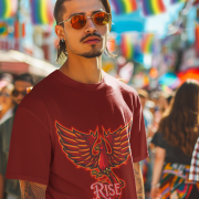 Maroon Rise Above T-Shirt in size Large showcasing a fiery Phoenix design, perfect for those who aspire to rise above challenges, by PodLyft