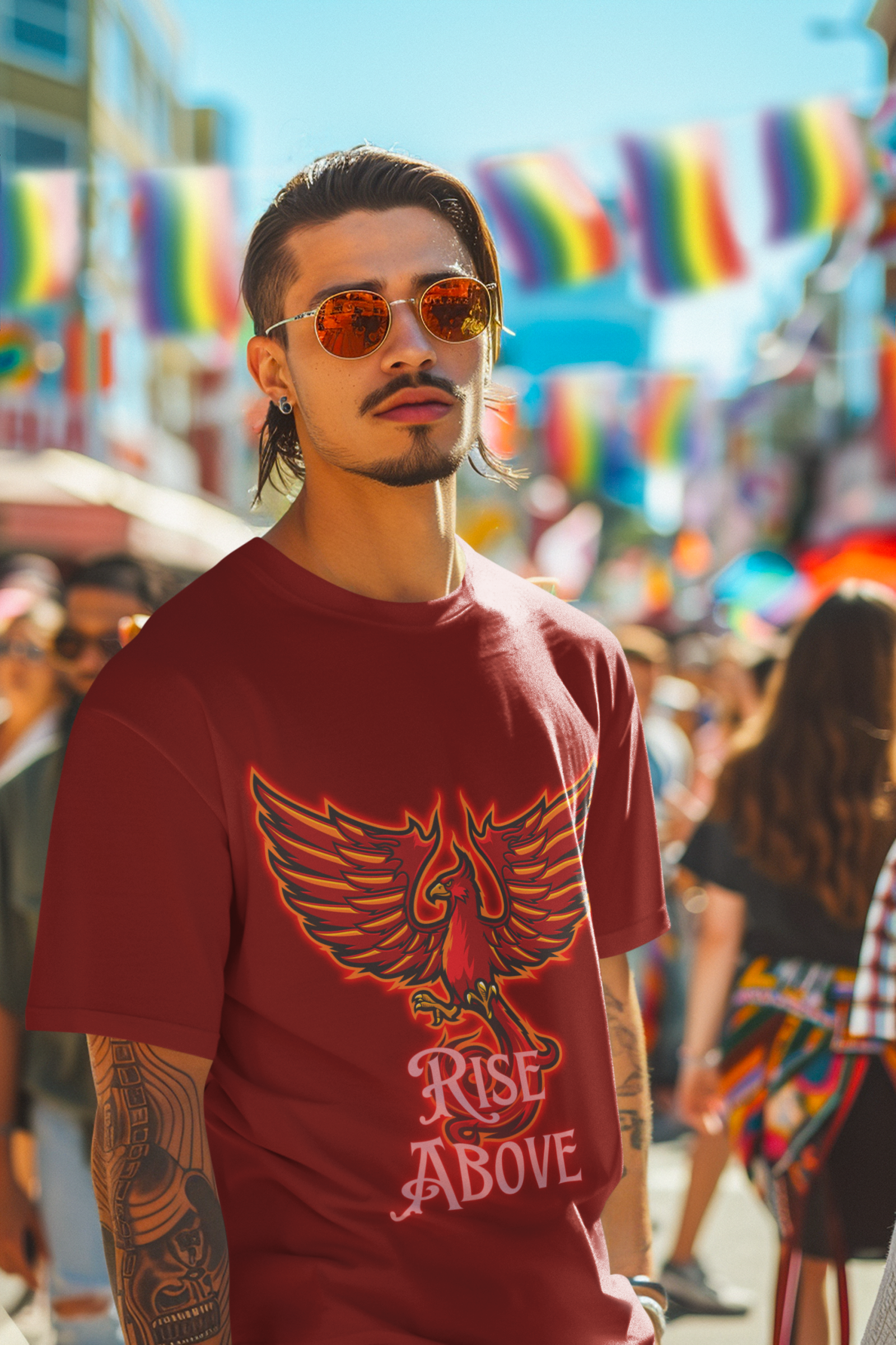 Maroon Rise Above T-Shirt in size Large showcasing a fiery Phoenix design, perfect for those who aspire to rise above challenges, by PodLyft
