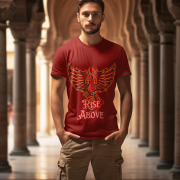 Maroon Rise Above T-Shirt in size Small featuring a bold Phoenix motivational design, symbolizing resilience and strength, by PodLyft.