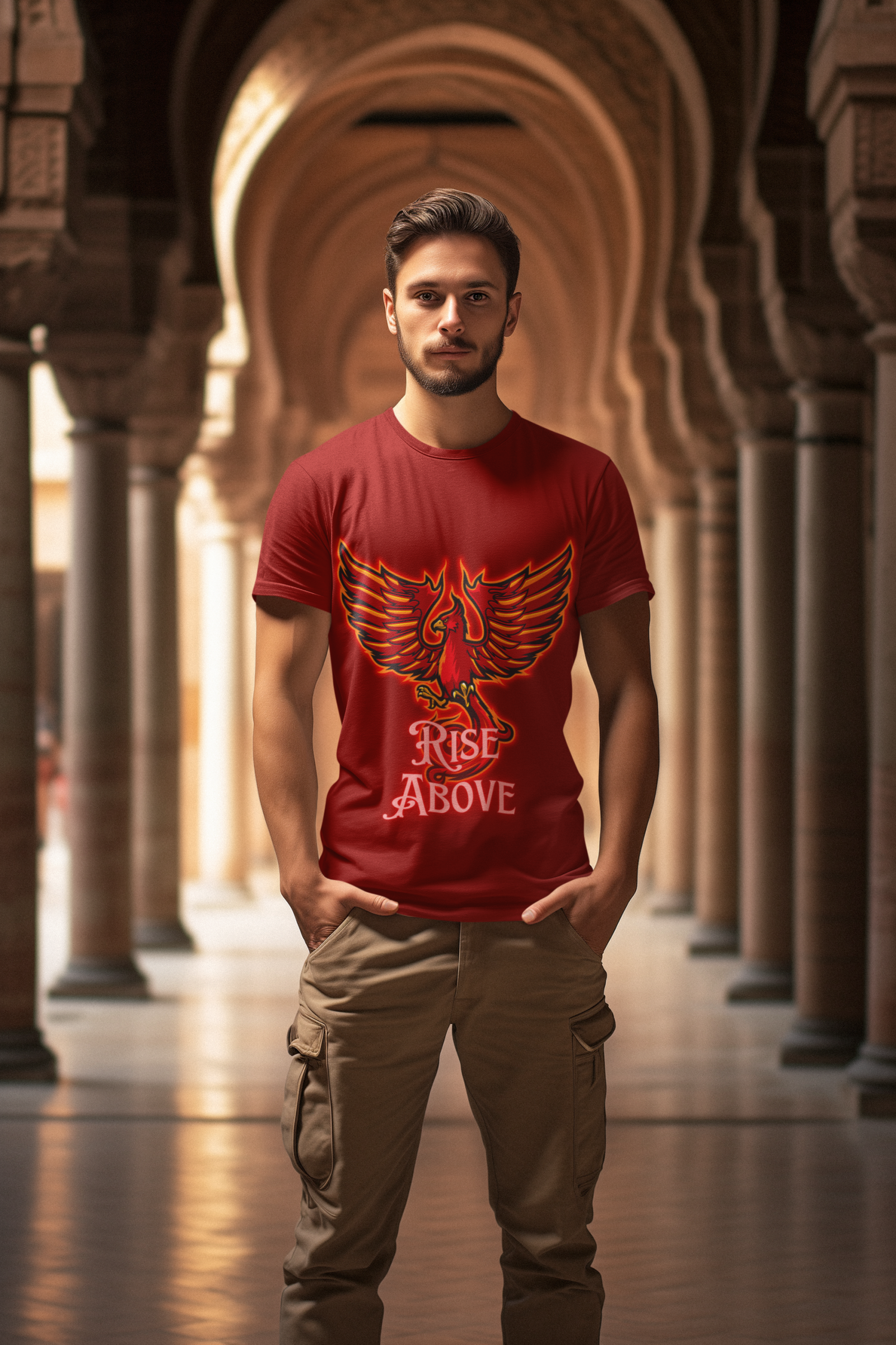 Maroon Rise Above T-Shirt in size Small featuring a bold Phoenix motivational design, symbolizing resilience and strength, by PodLyft.