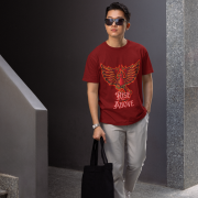 Maroon Rise Above T-Shirt in size Extra Large featuring a vibrant Phoenix graphic, combining motivation and style, by PodLyft.