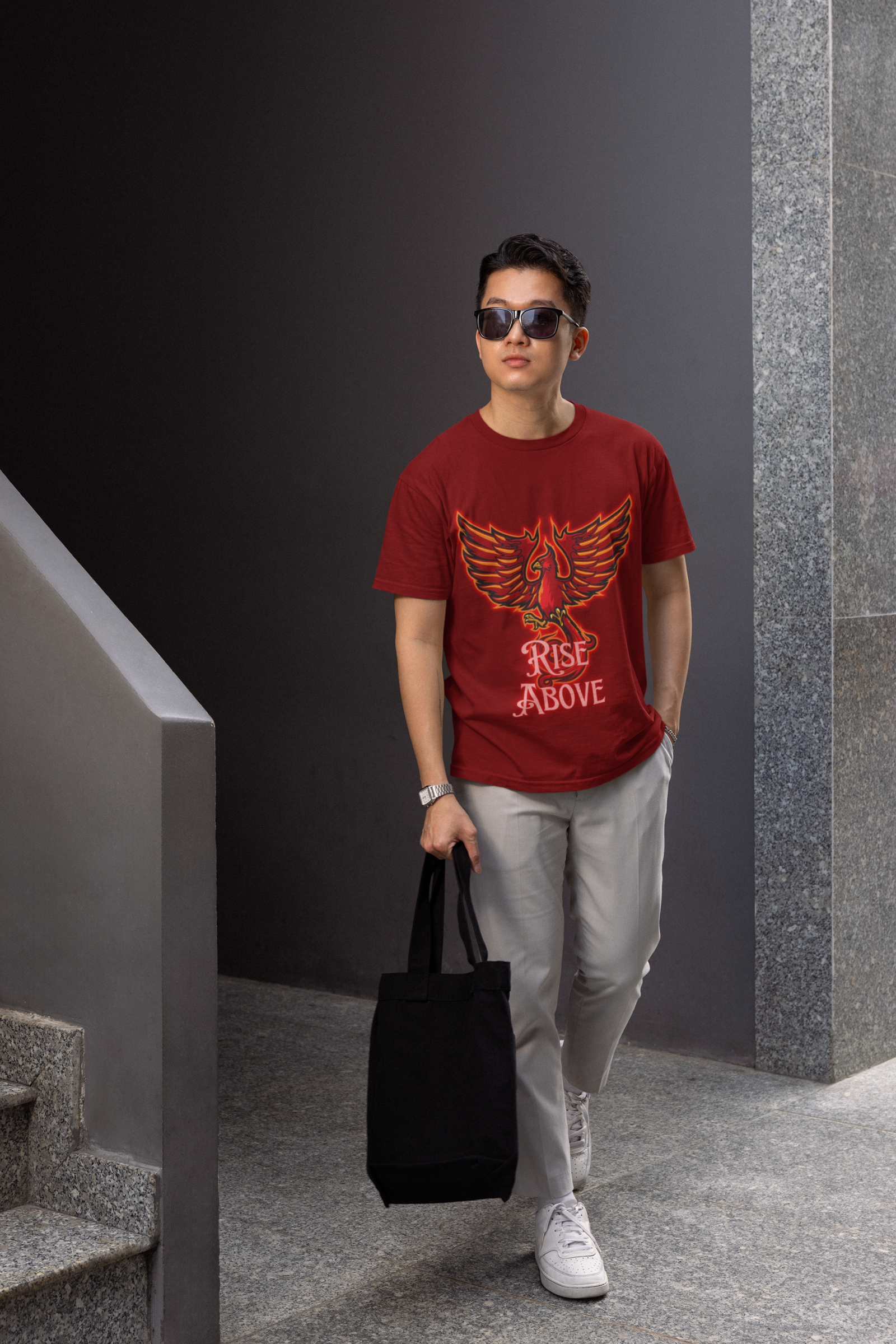 Maroon Rise Above T-Shirt in size Extra Large featuring a vibrant Phoenix graphic, combining motivation and style, by PodLyft.