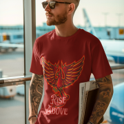 Maroon Rise Above T-Shirt in size XXL with a powerful Phoenix design, ideal for making a motivational statement, by PodLyft.