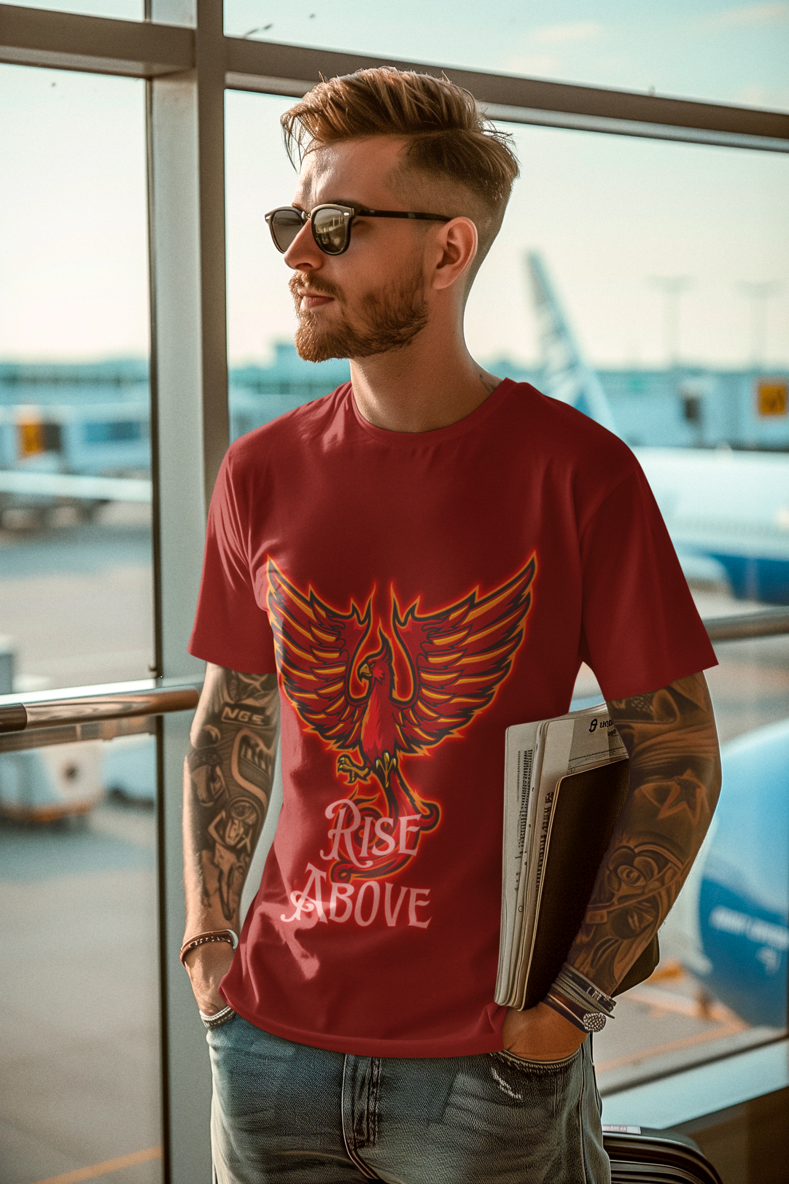 Maroon Rise Above T-Shirt in size XXL with a powerful Phoenix design, ideal for making a motivational statement, by PodLyft.