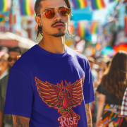 Navy Blue Rise Above T-Shirt in size Large showcasing a fiery Phoenix design, perfect for those who aspire to rise above challenges, by PodLyft.