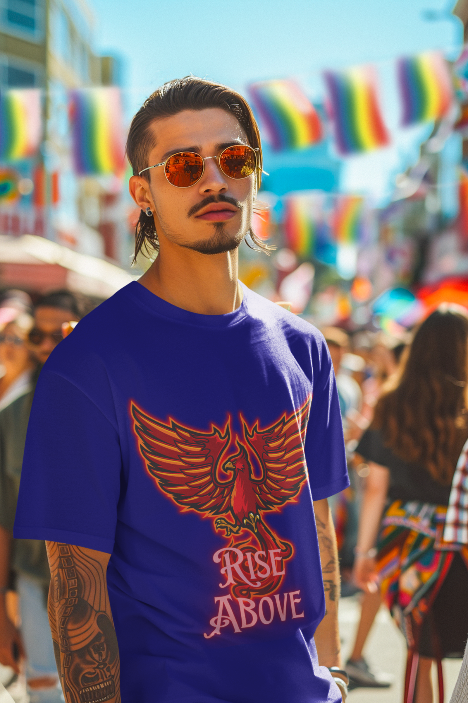 Navy Blue Rise Above T-Shirt in size Large showcasing a fiery Phoenix design, perfect for those who aspire to rise above challenges, by PodLyft.