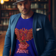 Navy Blue Rise Above T-Shirt in size Medium with a striking Phoenix design, crafted to inspire and provide comfort, by PodLyft