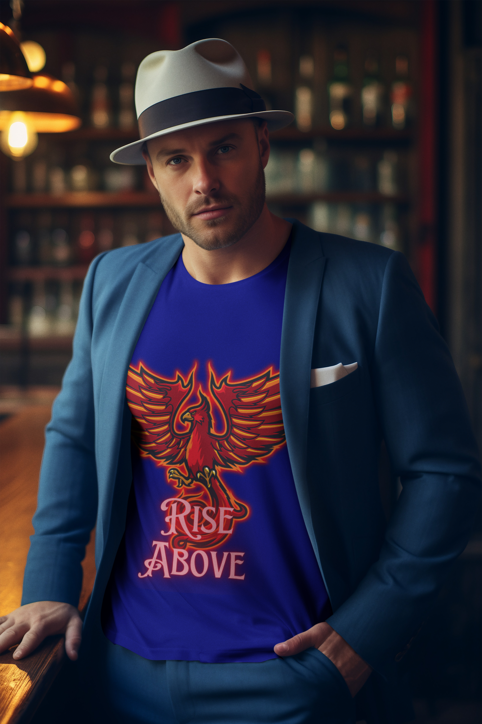 Navy Blue Rise Above T-Shirt in size Medium with a striking Phoenix design, crafted to inspire and provide comfort, by PodLyft