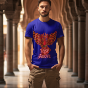 Navy Blue Rise Above T-Shirt in size Small featuring a bold Phoenix motivational design, symbolizing resilience and strength, by PodLyft.