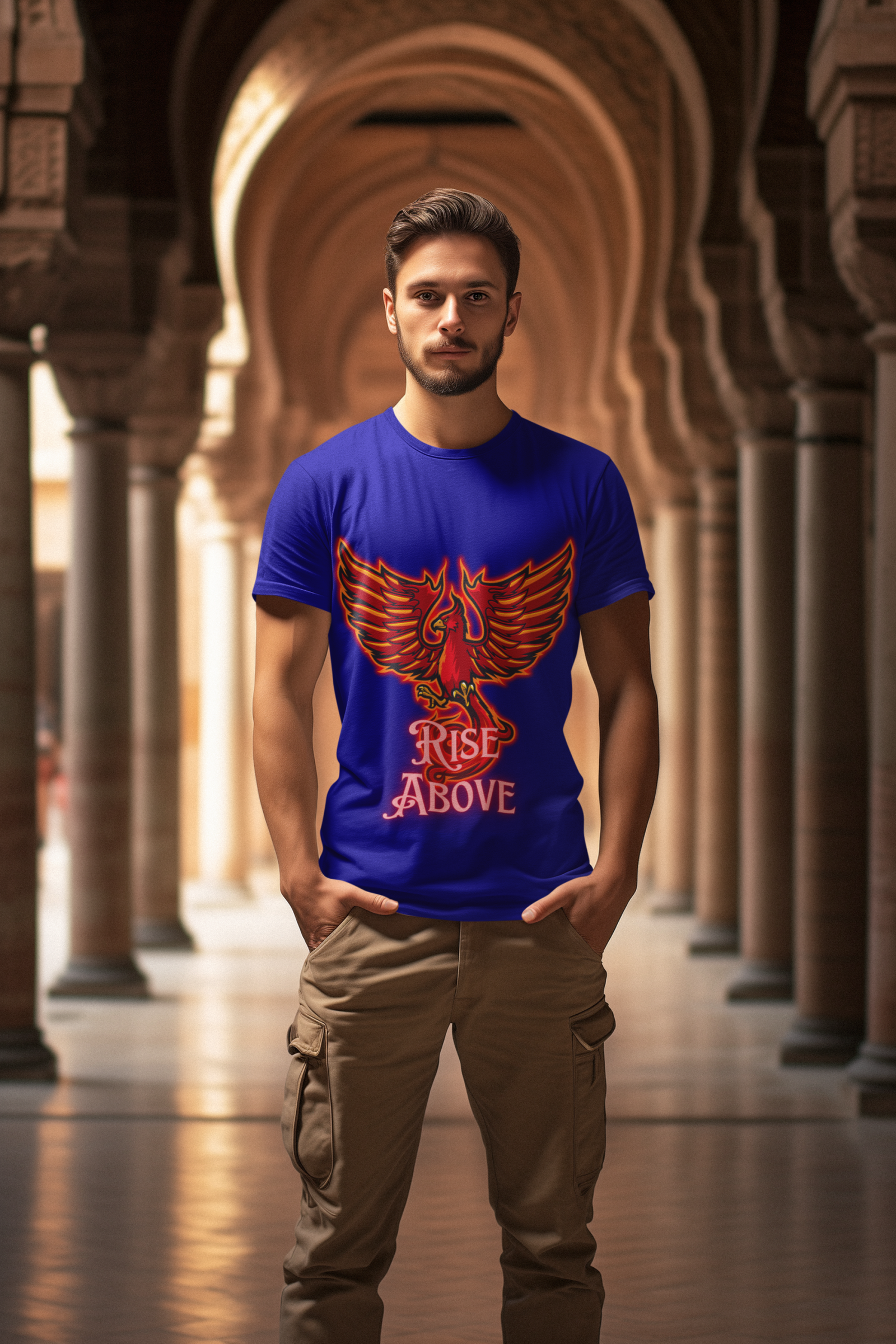 Navy Blue Rise Above T-Shirt in size Small featuring a bold Phoenix motivational design, symbolizing resilience and strength, by PodLyft.