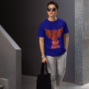 Navy Blue Rise Above T-Shirt in size Extra Large featuring a vibrant Phoenix graphic, combining motivation and style, by PodLyft.