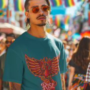 Petrol Blue Rise Above T-Shirt in size Large showcasing a vibrant Phoenix design, perfect for those seeking inspiration, by PodLyft.