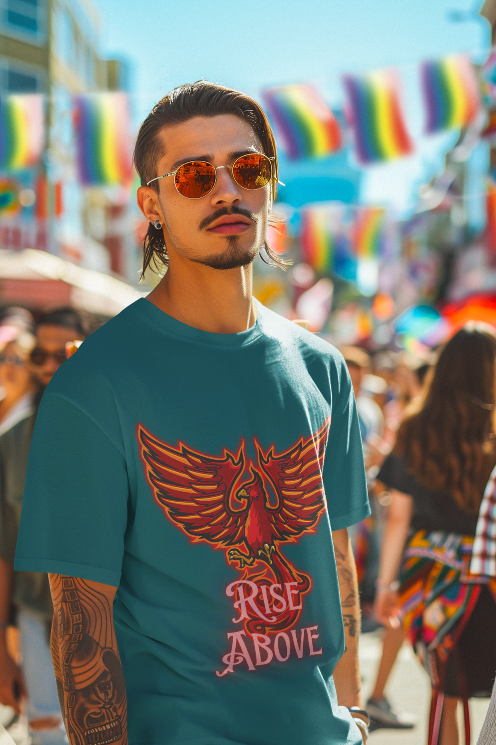 Petrol Blue Rise Above T-Shirt in size Large showcasing a vibrant Phoenix design, perfect for those seeking inspiration, by PodLyft.