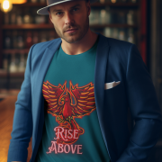 Petrol Blue Rise Above T-Shirt in size Medium with a bold Phoenix graphic, designed to inspire and motivate, by PodLyft.