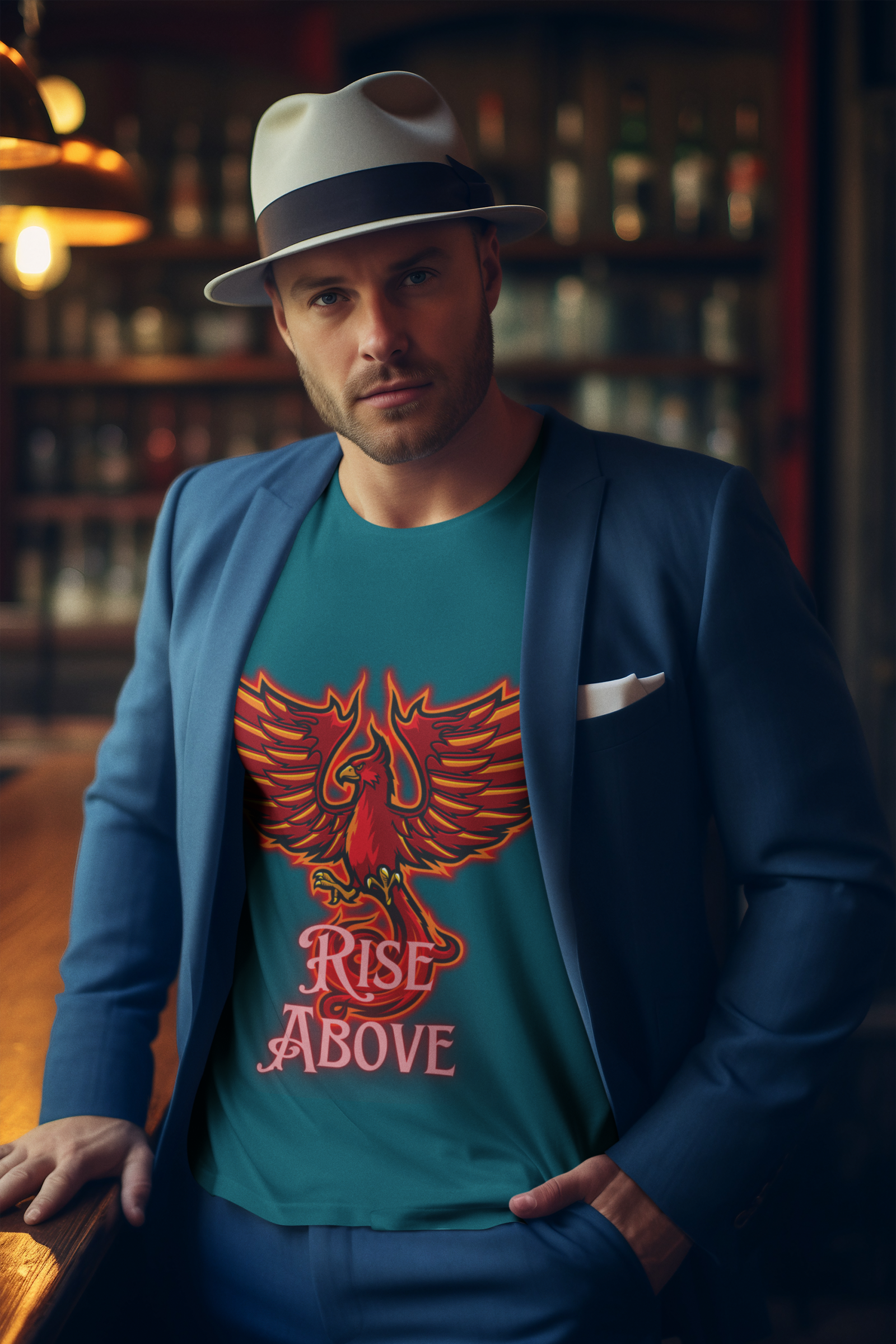 Petrol Blue Rise Above T-Shirt in size Medium with a bold Phoenix graphic, designed to inspire and motivate, by PodLyft.