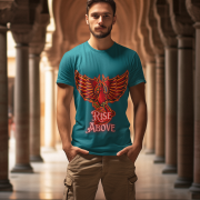 Petrol Blue Rise Above T-Shirt in size Small featuring a motivational Phoenix design, symbolizing resilience and inner strength, by PodLyft.