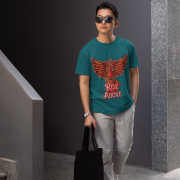 Petrol Blue Rise Above T-Shirt in size Extra Large featuring a fiery Phoenix design, embodying resilience and determination, by PodLyft.