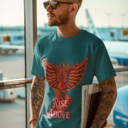 Petrol Blue Rise Above T-Shirt in size XXL with a striking Phoenix graphic, blending motivation and style, by PodLyft.