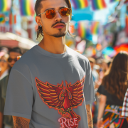 Steel Grey Rise Above T-Shirt in size Large showcasing a bold Phoenix design, perfect for those embracing strength and determination, by PodLyft.