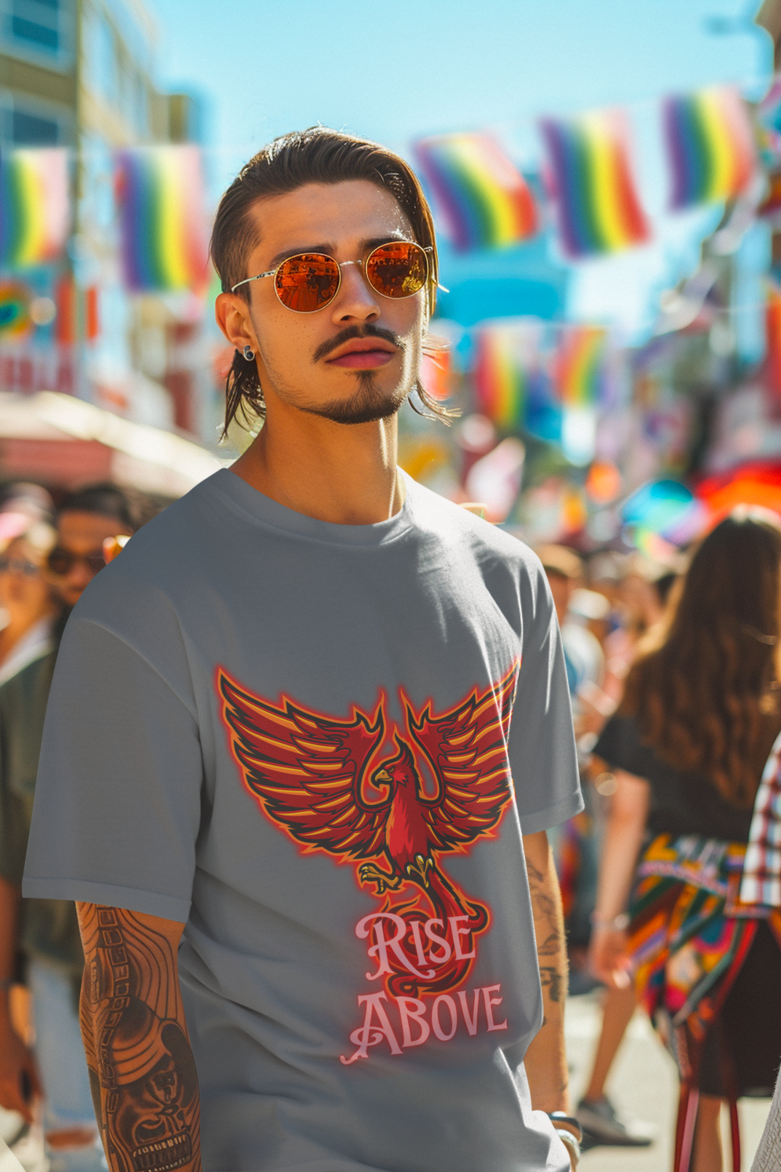 Steel Grey Rise Above T-Shirt in size Large showcasing a bold Phoenix design, perfect for those embracing strength and determination, by PodLyft.