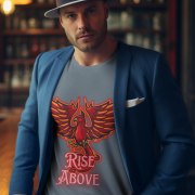Steel Grey Rise Above T-Shirt in size Medium with a vibrant Phoenix graphic, designed to inspire and motivate, by PodLyft.