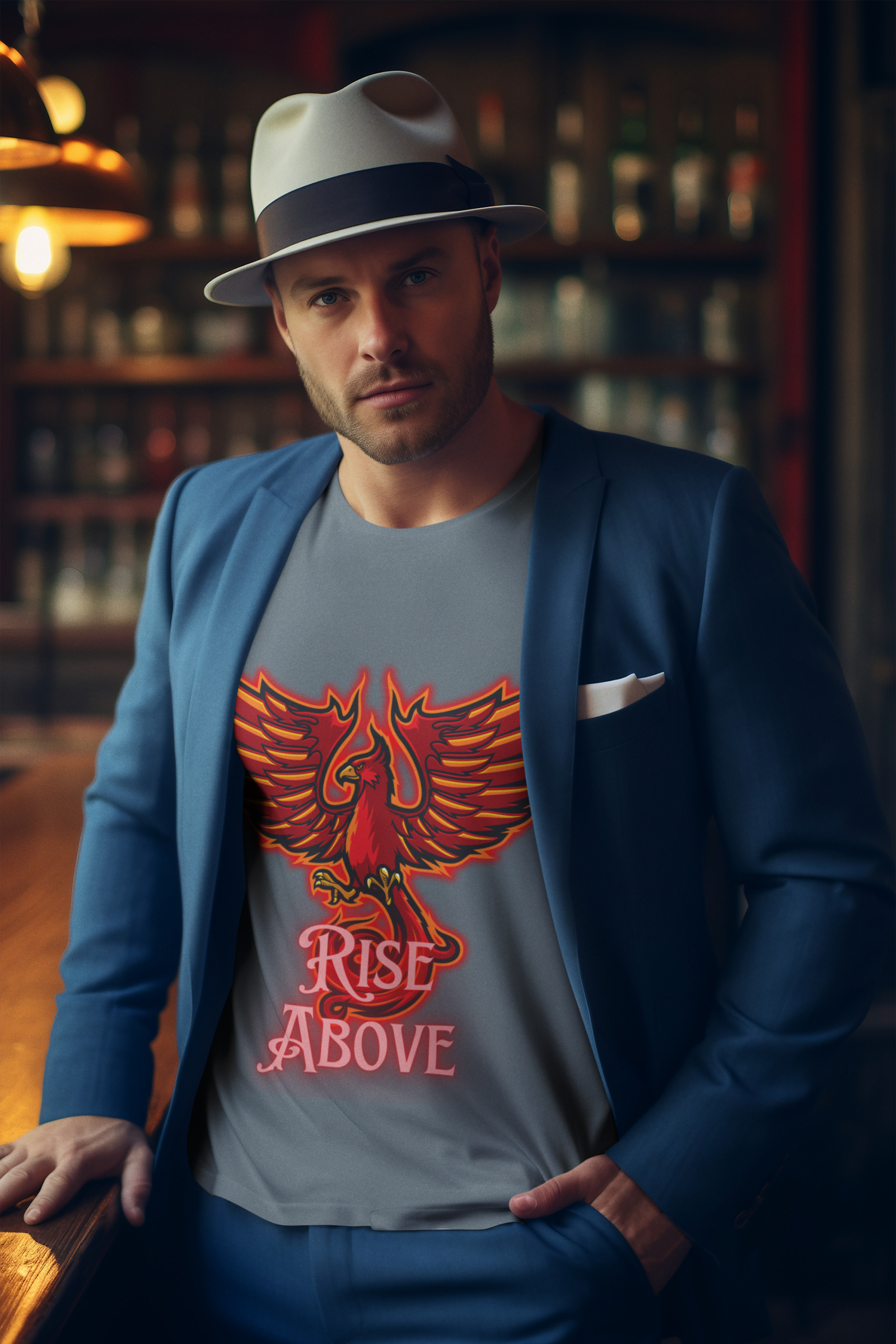 Steel Grey Rise Above T-Shirt in size Medium with a vibrant Phoenix graphic, designed to inspire and motivate, by PodLyft.