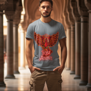 Steel Grey Rise Above T-Shirt in size Small featuring a motivational Phoenix design that symbolizes resilience and triumph, by PodLyft.