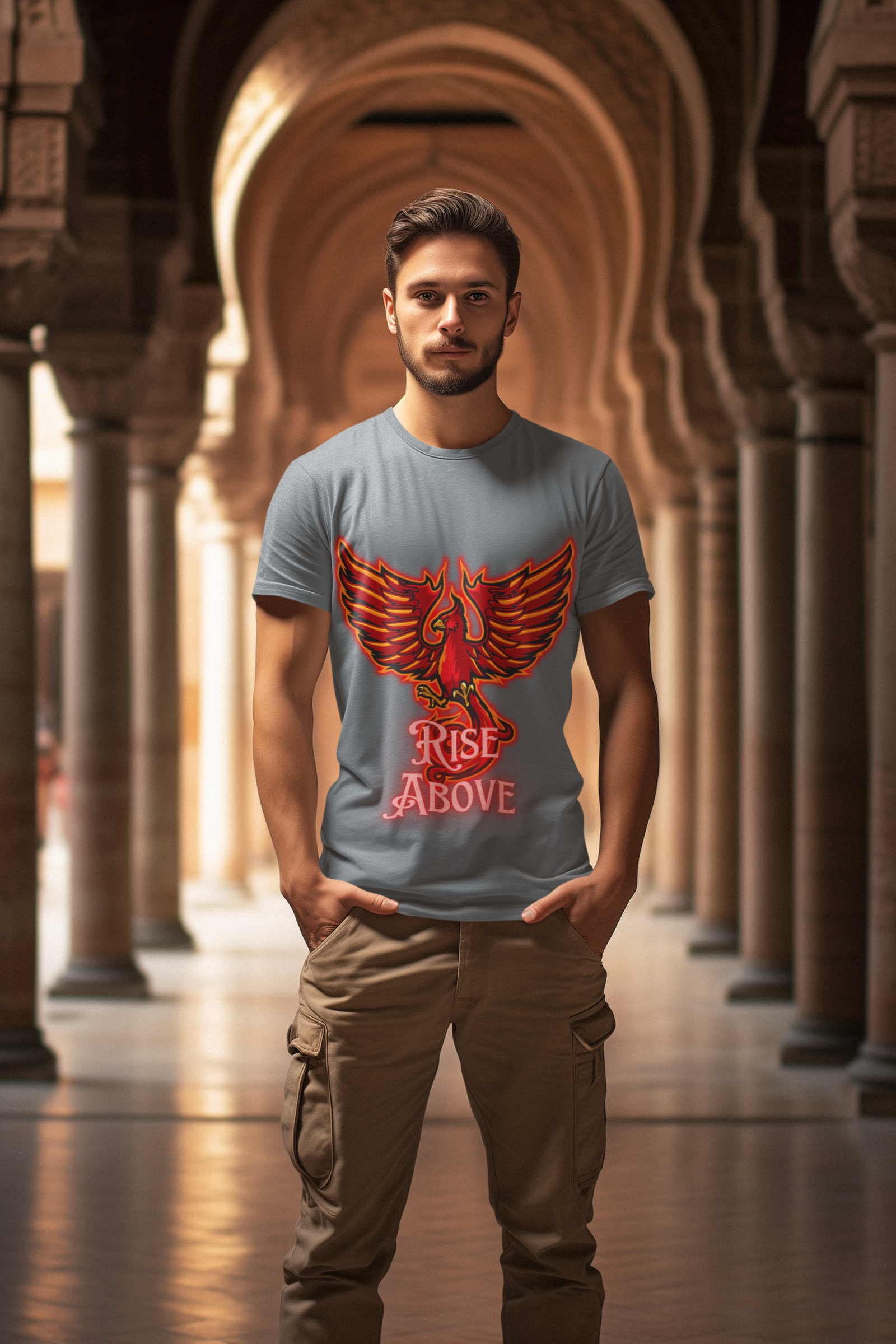Steel Grey Rise Above T-Shirt in size Small featuring a motivational Phoenix design that symbolizes resilience and triumph, by PodLyft.