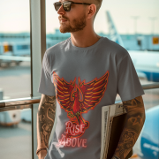 Steel Grey Rise Above T-Shirt in size XXL with a fiery Phoenix design, blending inspiration and style, by PodLyft.