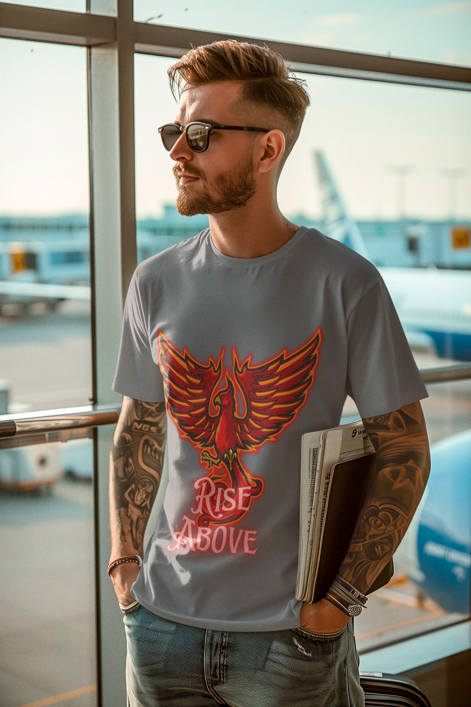 Steel Grey Rise Above T-Shirt in size XXL with a fiery Phoenix design, blending inspiration and style, by PodLyft.