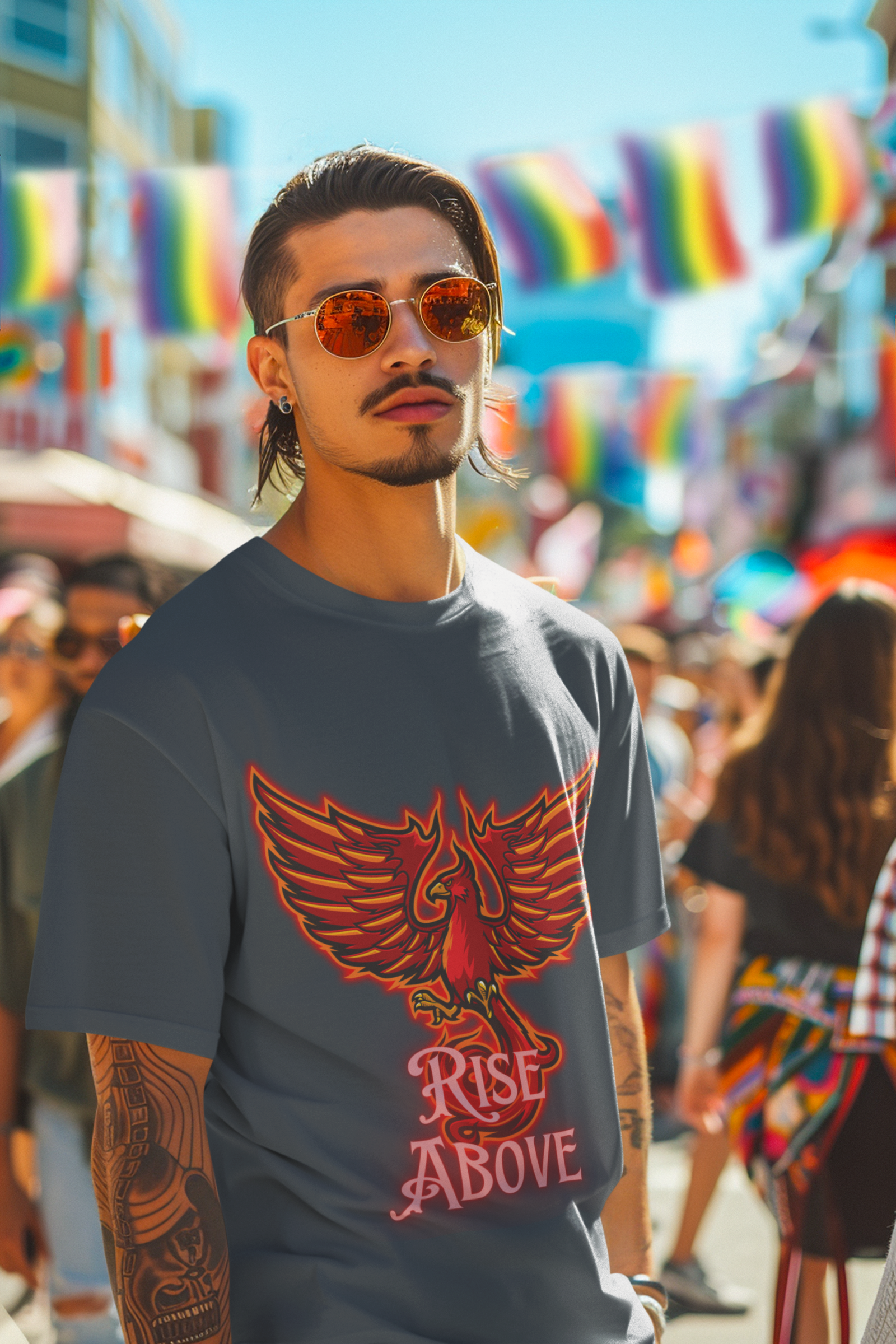 Charcoal Melange Rise Above T-Shirt in size Large showcasing a fiery Phoenix design for those who aspire to overcome challenges, by PodLyft.