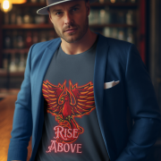 Charcoal Melange Rise Above T-Shirt in size Medium with a bold Phoenix design, crafted for comfort and motivation, by PodLyft.