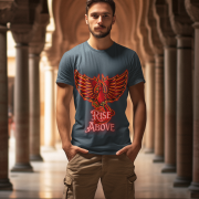 Charcoal Melange Rise Above T-Shirt in size Small featuring a vibrant Phoenix motivational design, symbolizing resilience and strength, by PodLyft