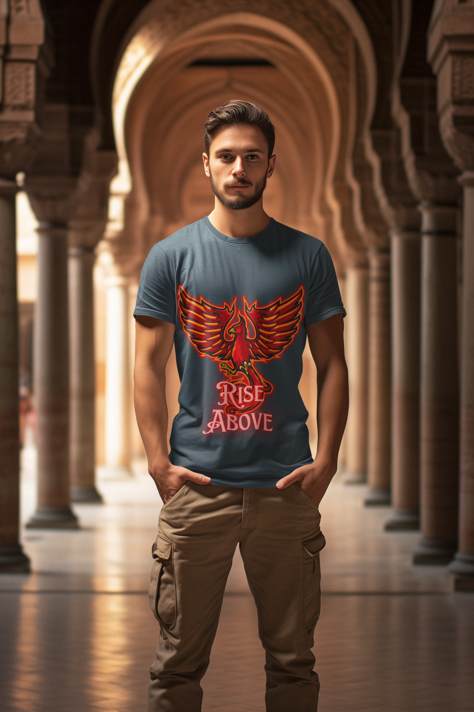 Charcoal Melange Rise Above T-Shirt in size Small featuring a vibrant Phoenix motivational design, symbolizing resilience and strength, by PodLyft