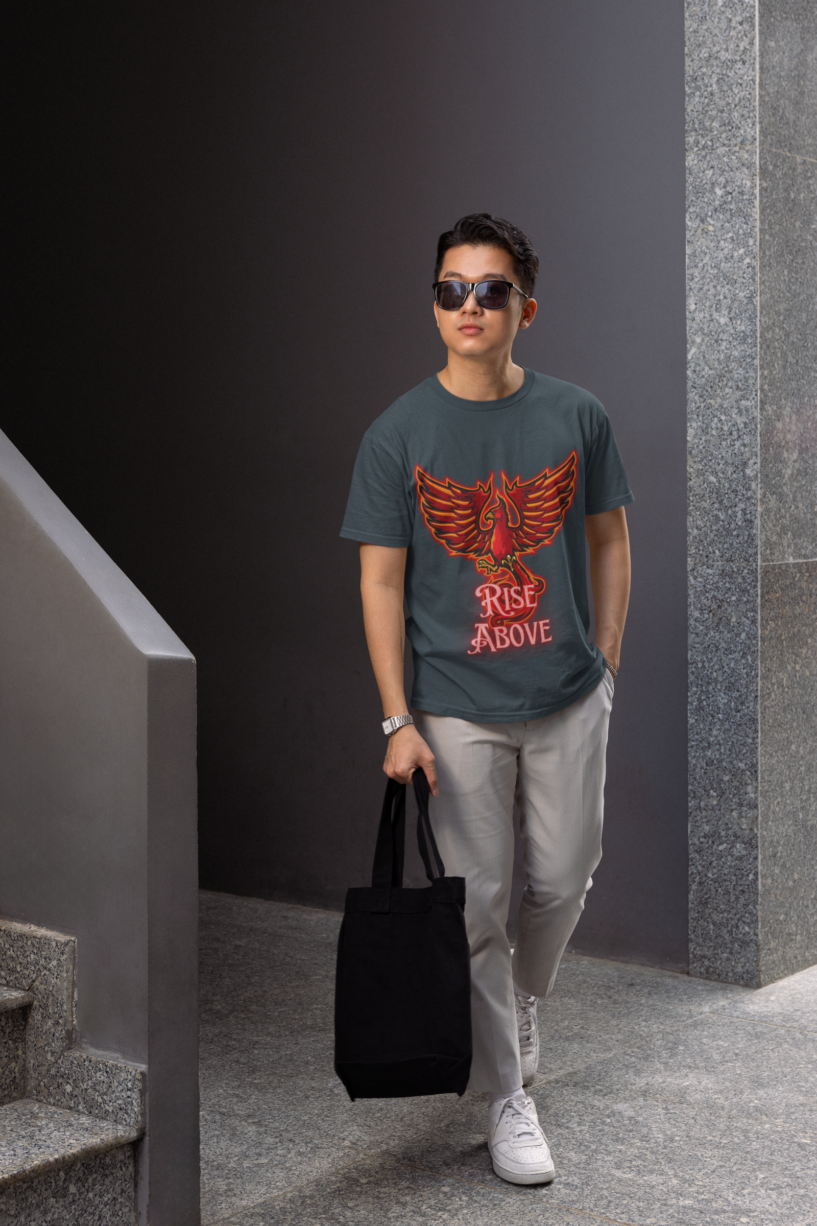 Charcoal Melange Rise Above T-Shirt in size Extra Large featuring a stunning Phoenix graphic for inspiration and style, by PodLyft.