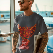 Charcoal Melange Rise Above T-Shirt in size XXL with a powerful Phoenix design, perfect for making a motivational statement, by PodLyft.