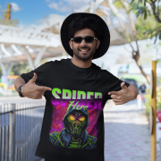 Black Superhero Graphic T-Shirt with a Spiderman-inspired graphic, size medium, featuring bold details and a classic superhero theme.