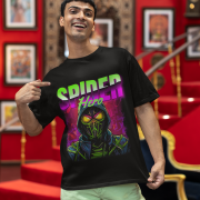 Black Superhero Graphic T-Shirt featuring a Spiderman-inspired design, size small, showcasing vibrant colors and iconic imagery.