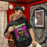 Black superhero graphic t-shirt featuring a Spiderman-inspired design, size extra small, from PodLyft.