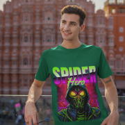 Superhero graphic T-shirt in bottle green, inspired by Spiderman, available in large size. Features a striking Spiderman design front and center.