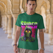Superhero graphic T-shirt in bottle green, inspired by Spiderman, available in medium size. Displays an eye-catching Spiderman illustration on the front.