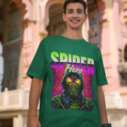 Superhero graphic T-shirt in bottle green, inspired by Spiderman, available in small size. Showcases a bold Spiderman graphic prominently displayed on the front.