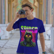 Front view of a navy blue graphic t-shirt featuring a Spiderman-inspired design. The shirt is labeled as Extra Small.