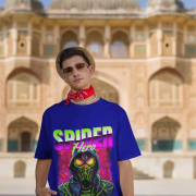 Front view of a navy blue graphic t-shirt featuring a Spiderman-inspired design. The shirt is labeled as Large.