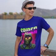 Front view of a navy blue graphic t-shirt featuring a Spiderman-inspired design. The shirt is labeled as Small.