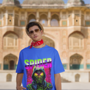 Superhero graphic t-shirt inspired by Spiderman in royal blue, size extra small, featuring a vibrant Spiderman design on the front.