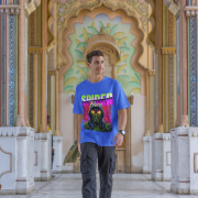 Superhero graphic t-shirt inspired by Spiderman in royal blue, size large, highlighting a dynamic Spiderman graphic on the front.