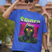 Superhero graphic t-shirt inspired by Spiderman in royal blue, size medium, displaying a striking Spiderman illustration on the front.