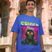 Superhero graphic t-shirt inspired by Spiderman in royal blue, size small, showcasing a bold Spiderman graphic on the front.